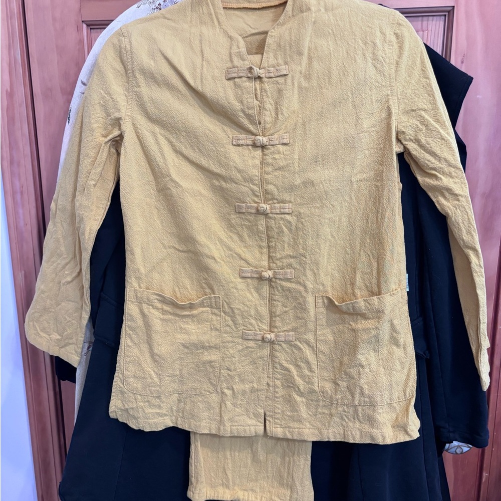 Elegant Yellow frog button Jacket and pants for Women